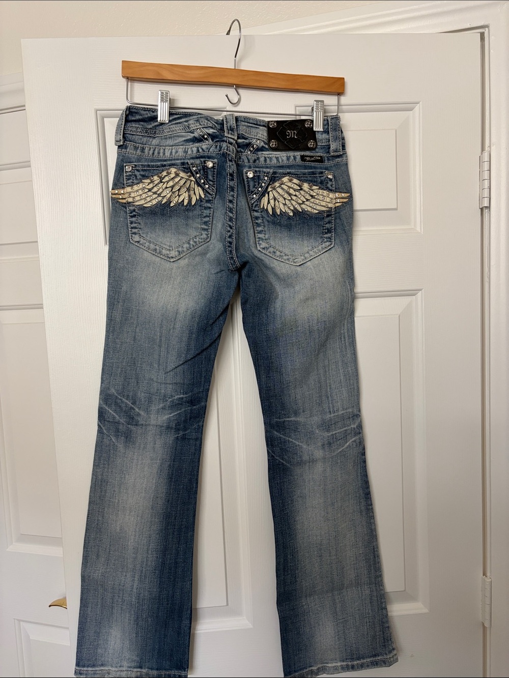 Miss Me Light Blue Boot Cut Jeans with Embroidered Wing Pockets
